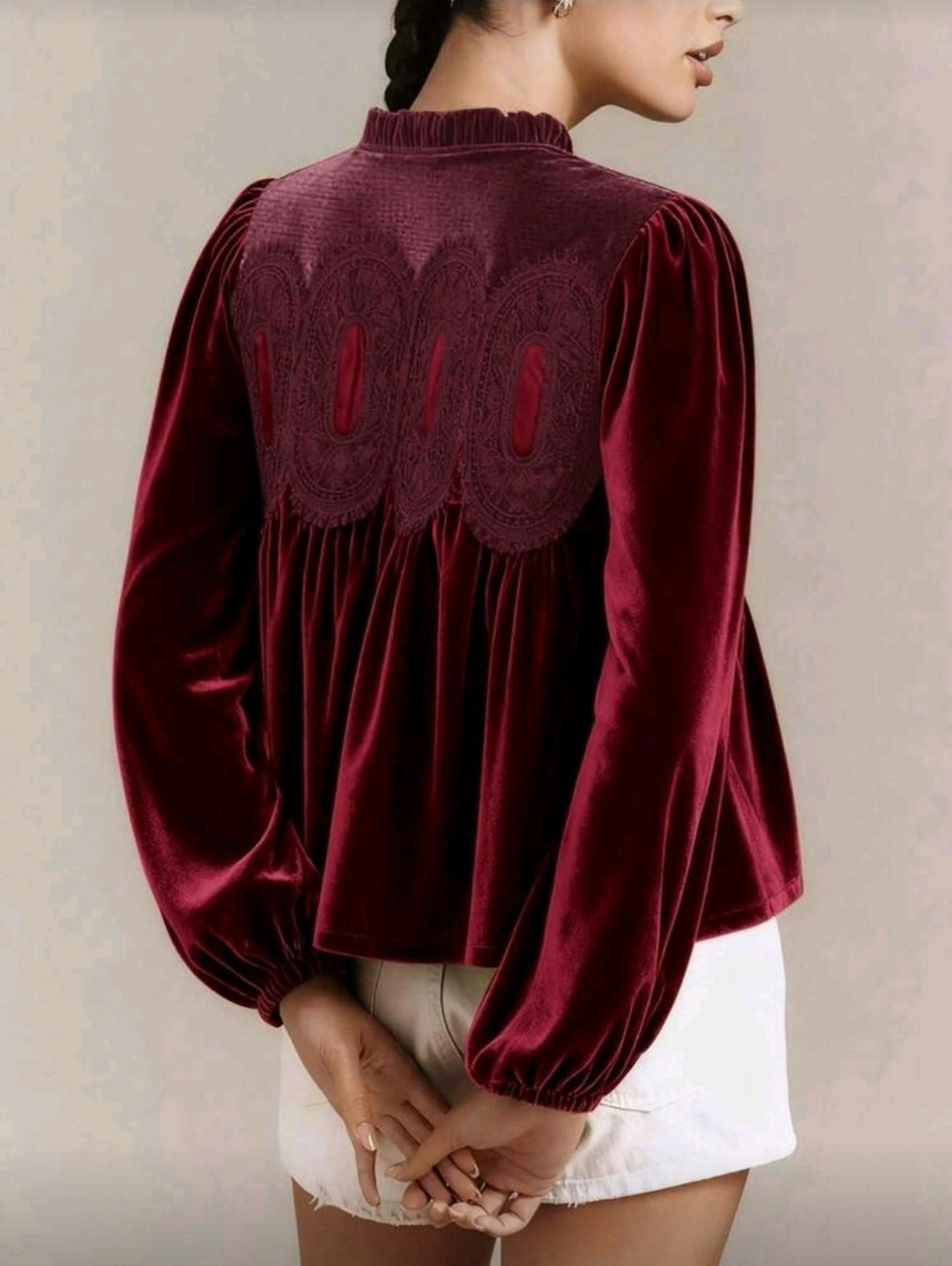 Burgundy Velvet & Lace-yoke Top XL